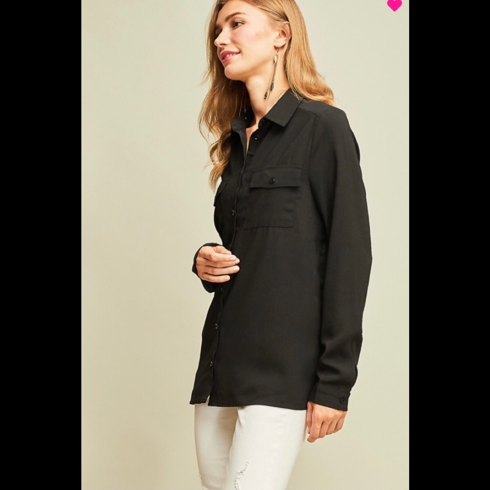Solid button down shirt featuring contrast lace